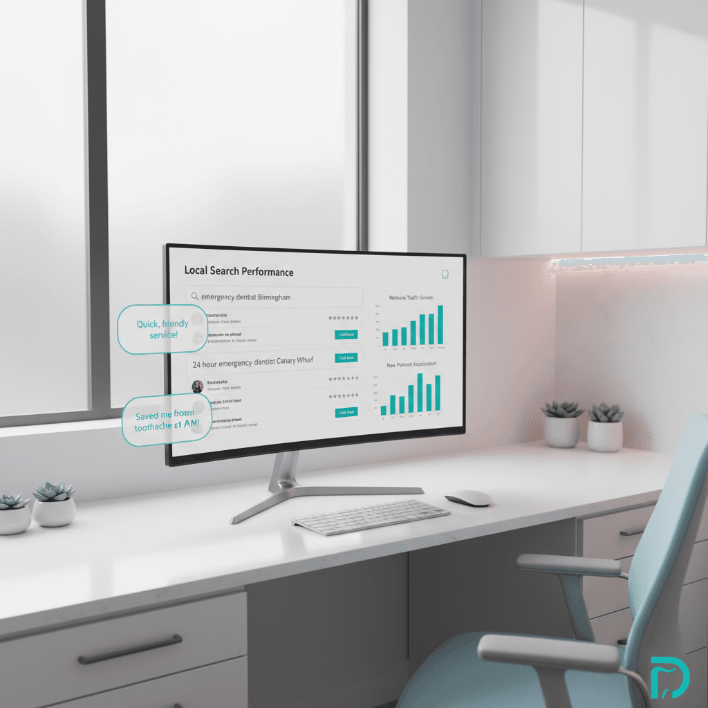 Modern dental clinic workspace with SEO dashboard, testimonials, and growth charts on computer screen.