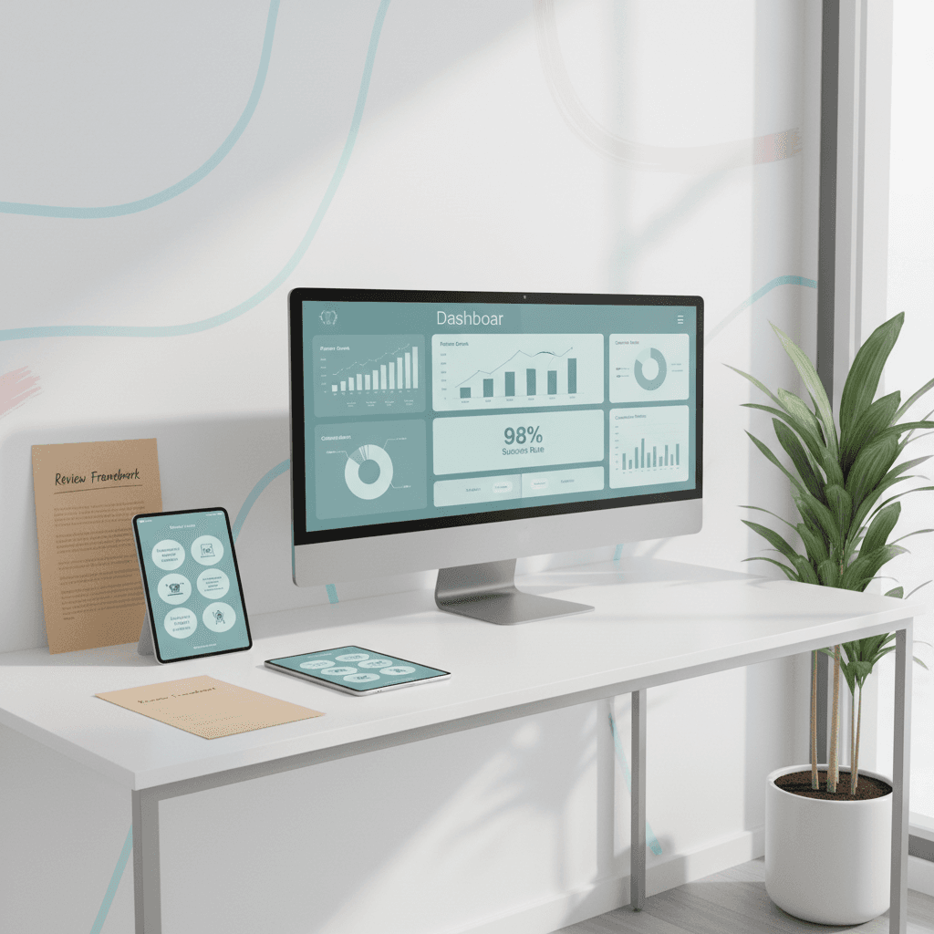 Modern dental office corner with digital dashboard, review sheet, and testimonial tablet.