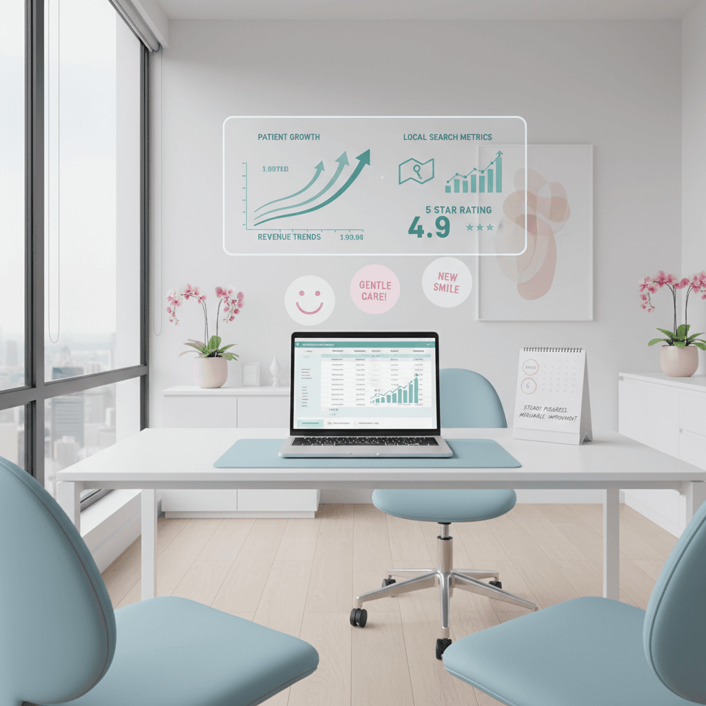 Modern dental office with digital dashboard, laptop, testimonial bubbles, and progress calendar.
