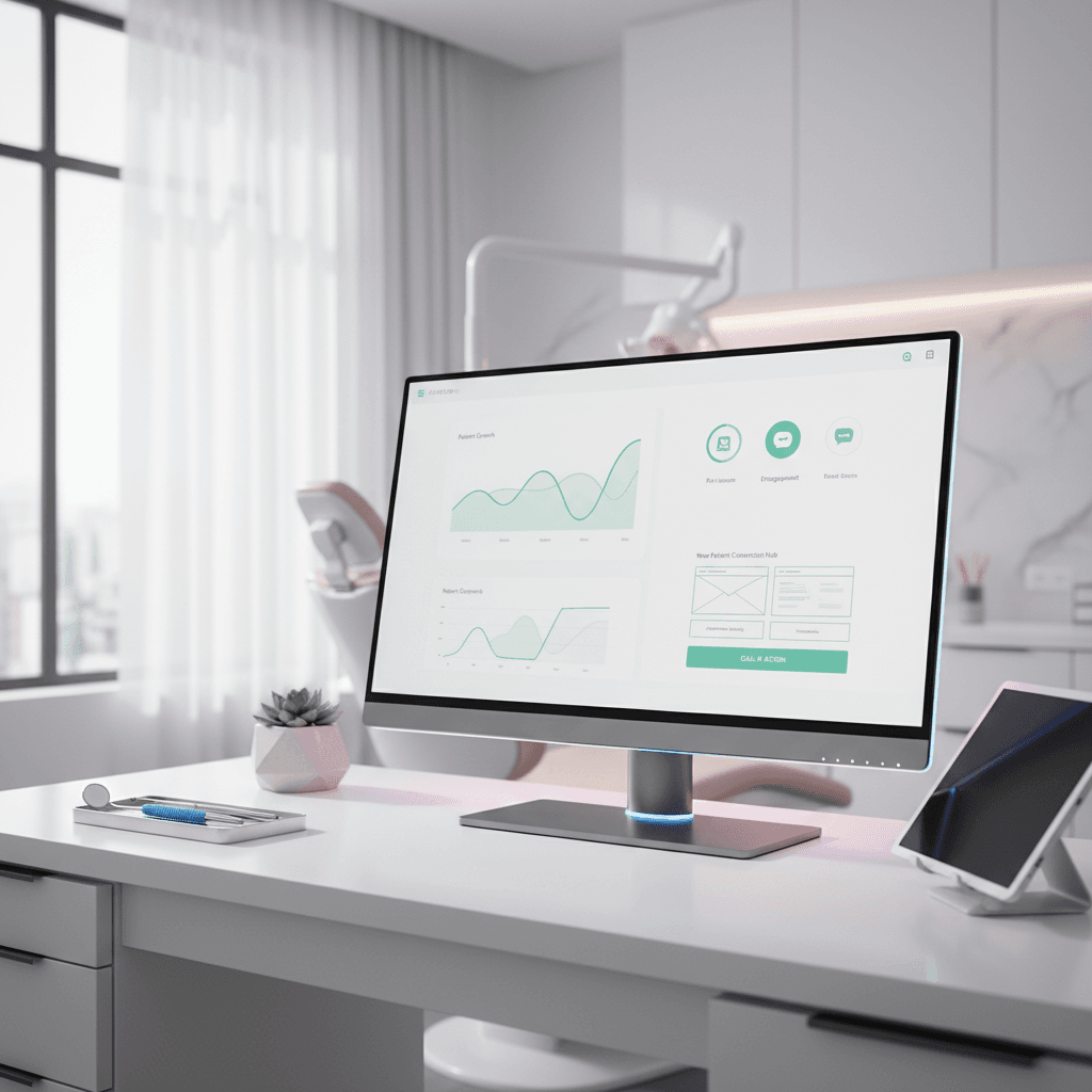 Modern dental office workspace with digital dashboard, clinical tools, and subtle color accents.