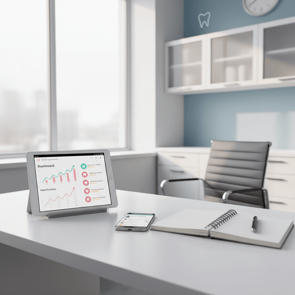Modern dental office workspace with tablet displaying dental dashboard and smartphone showing local search.