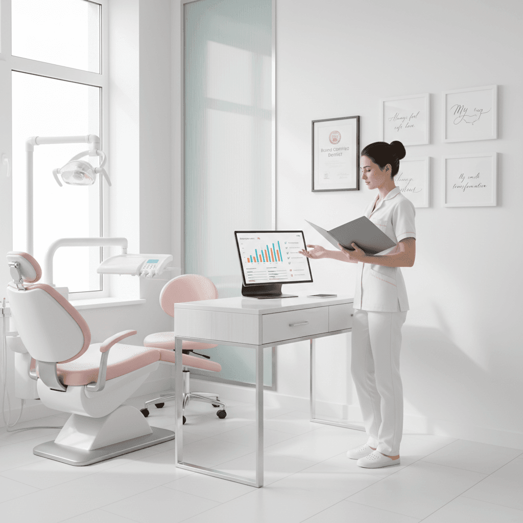 Modern dental treatment room with dentist reviewing files, digital dashboard, certificates, and testimonials.
