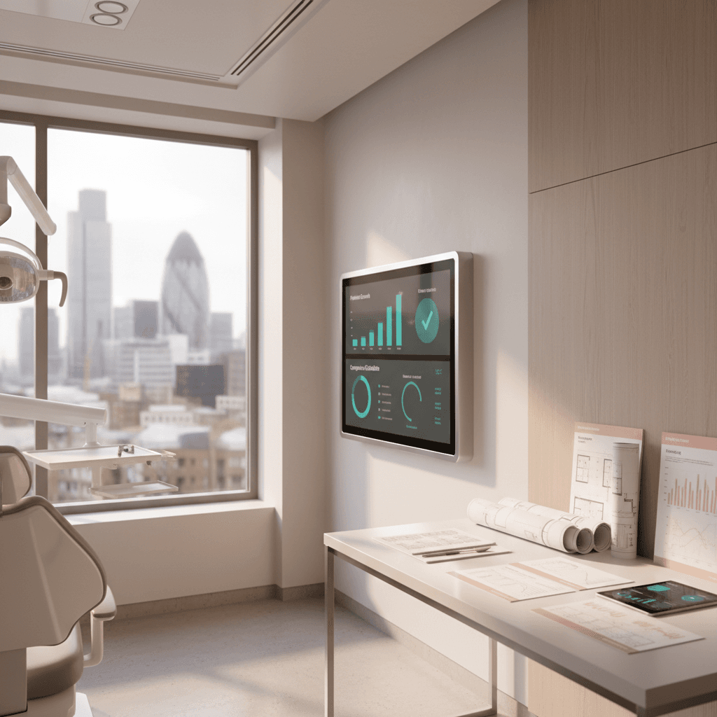 Modern dental treatment room with digital dashboard, blueprints, reports, and city skyline view.