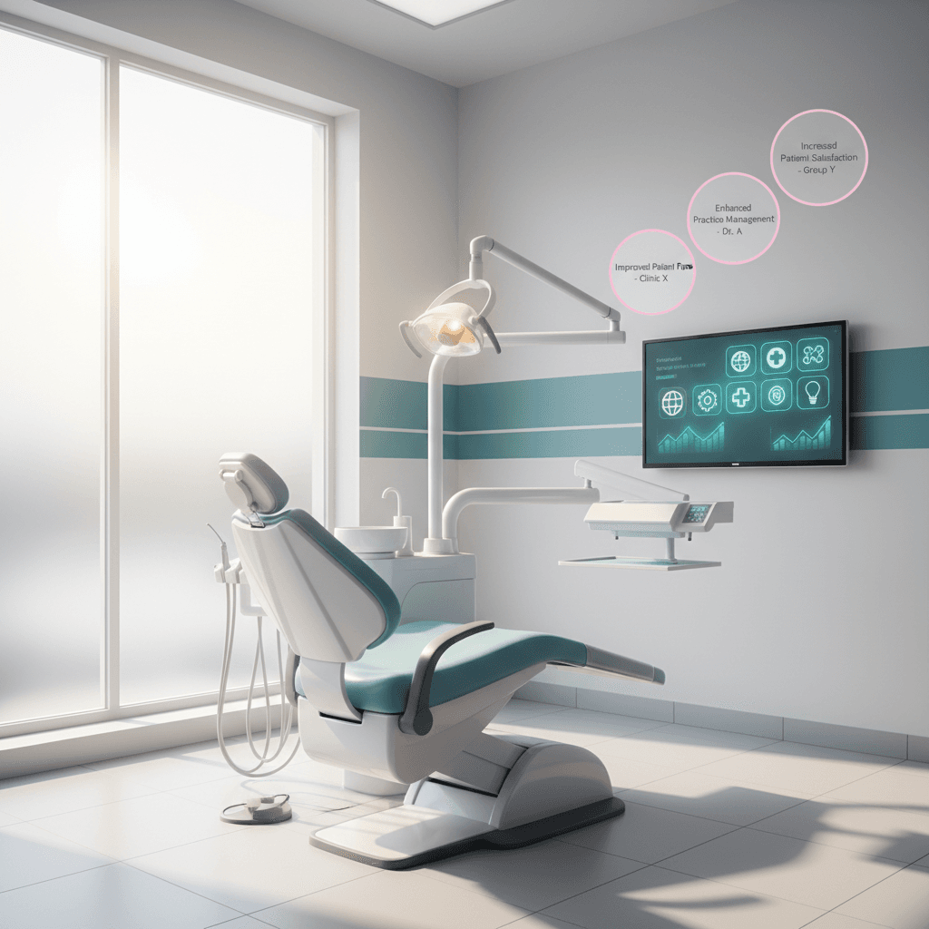 Modern dental treatment room with digital dashboard, testimonial bubbles, and soothing color palette.