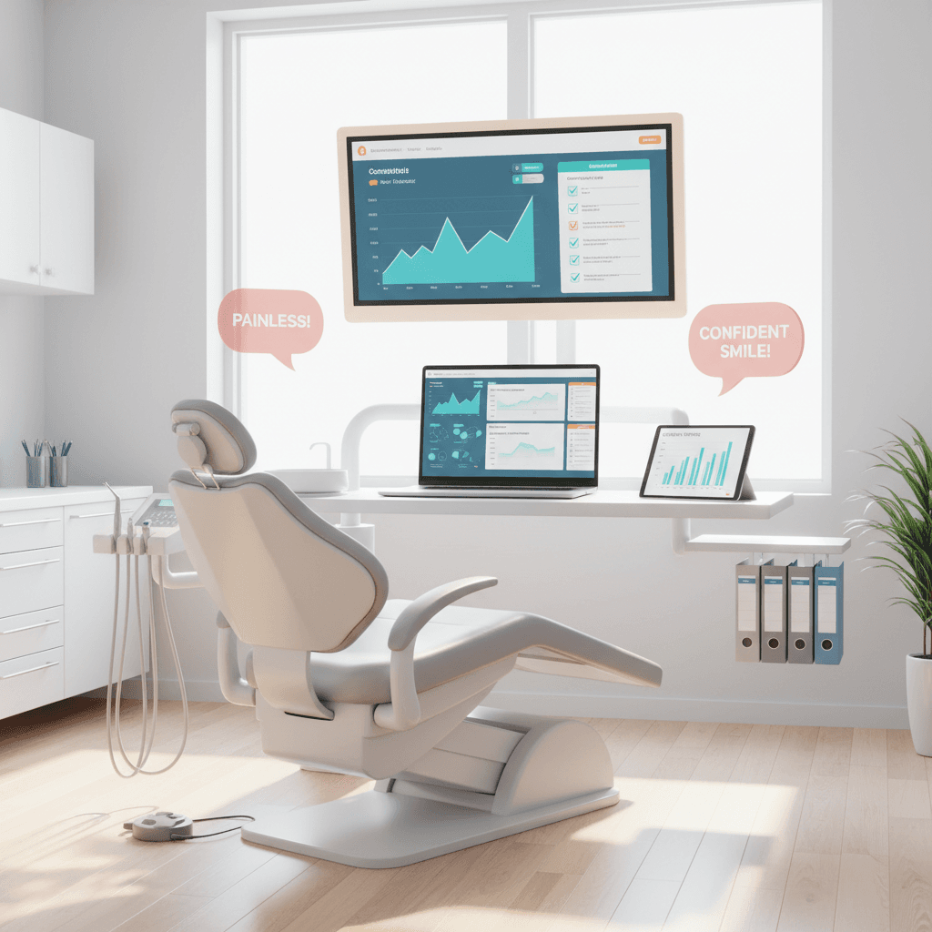 Modern dental treatment room with digital dashboard, workspace, and layered documents.