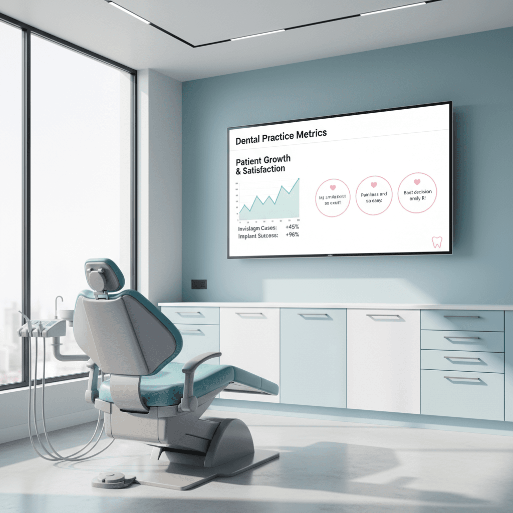Modern dental treatment room with digital dashboard displaying growth charts and testimonials.