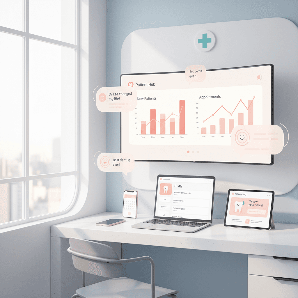 Modern dental treatment room with digital devices, growth charts, and patient engagement accents.