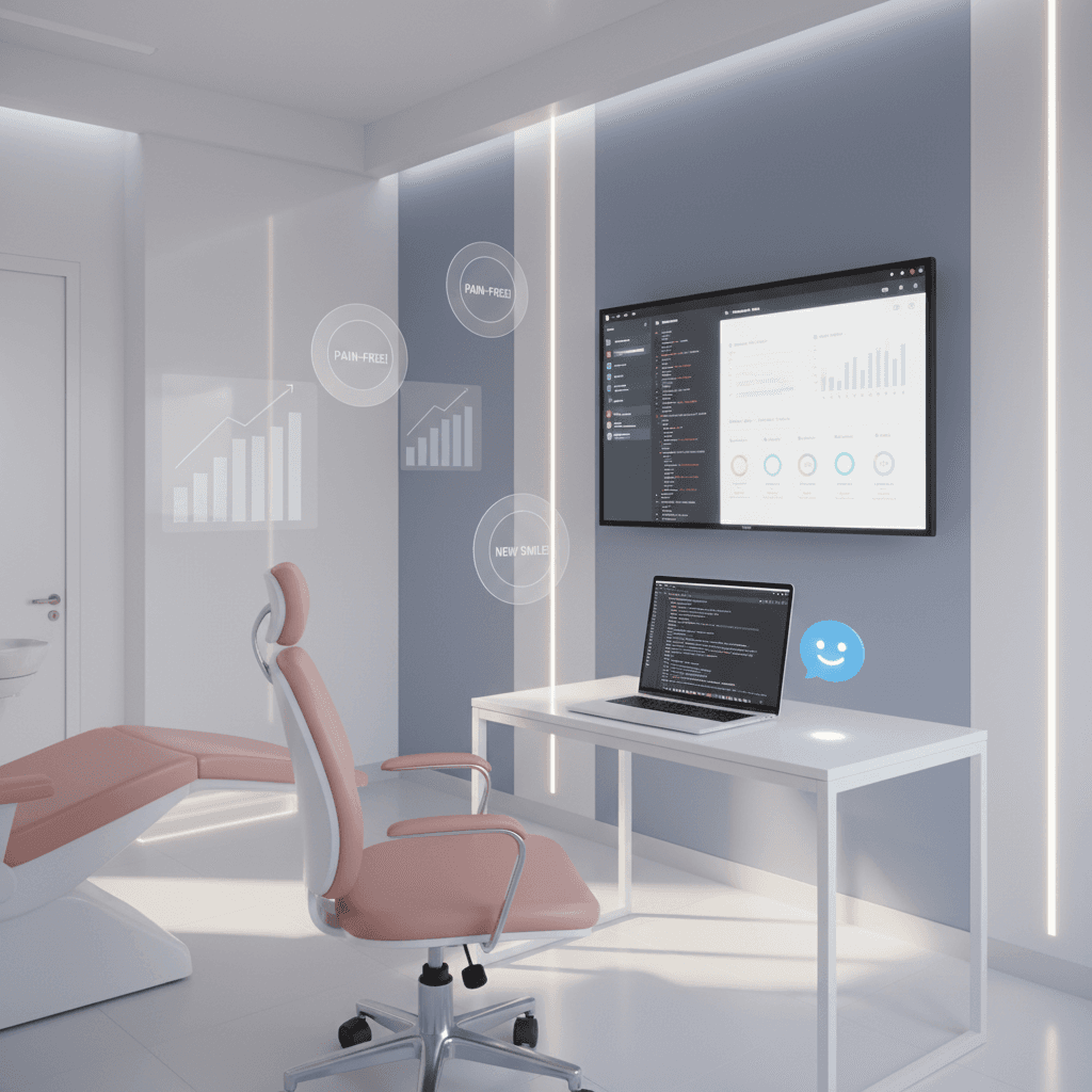 Modern dental treatment room with digital workspace, chatbot, testimonials, and growth charts.
