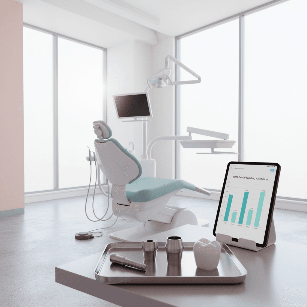 Modern dental treatment room with implant components and NHS funding chart on tablet.