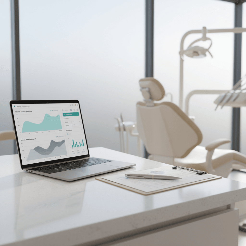 Modern dental treatment room with laptop displaying performance data and ROI charts.