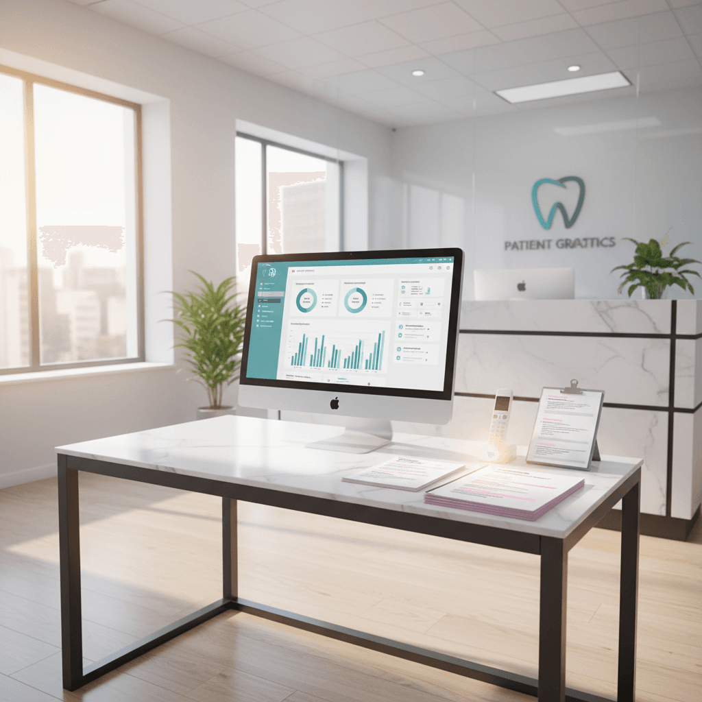 Modern dental workspace with computer, dental dashboard, consultation scripts, and reception area.