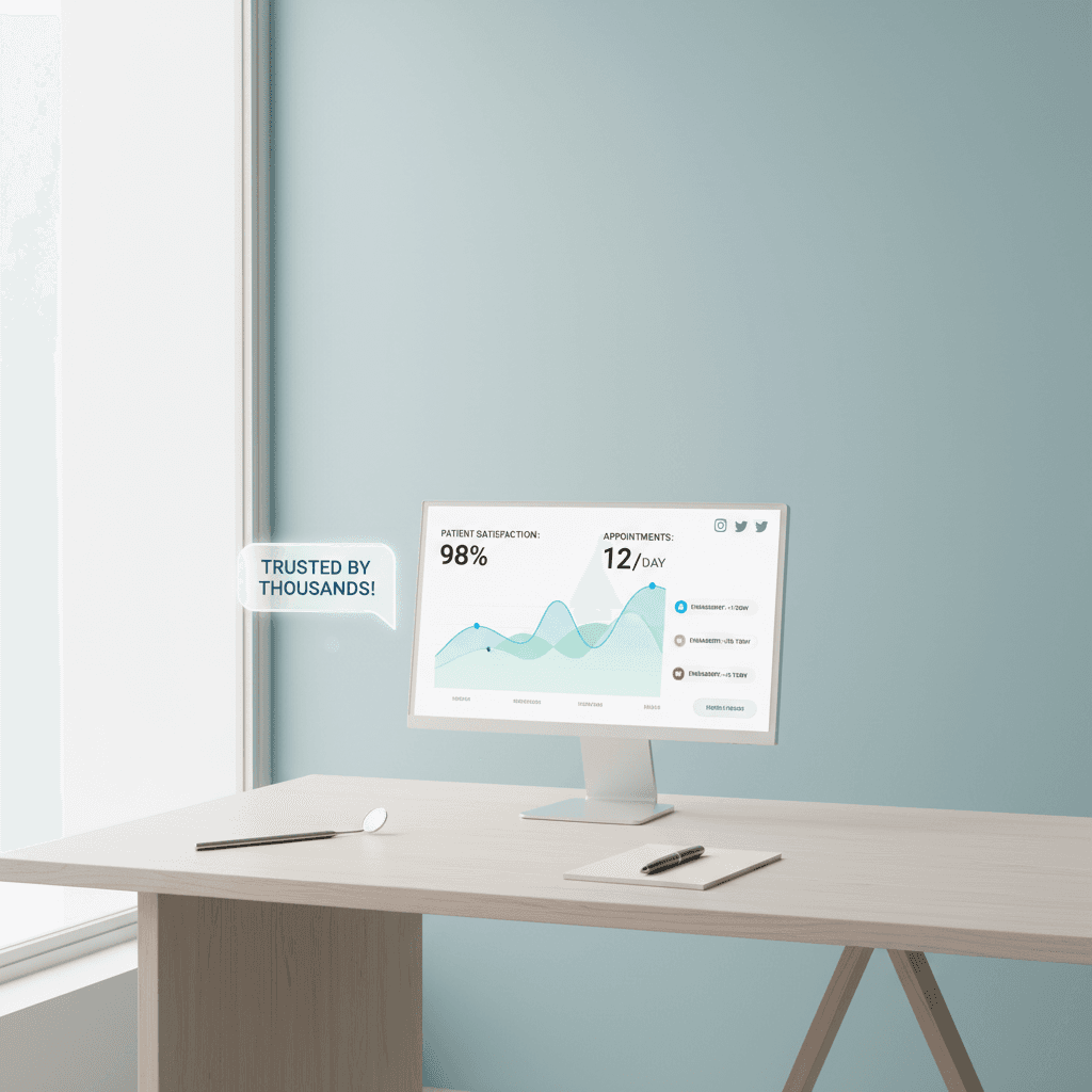 Modern dental workspace with computer displaying analytics, dental tools, notepad, and testimonial bubble.