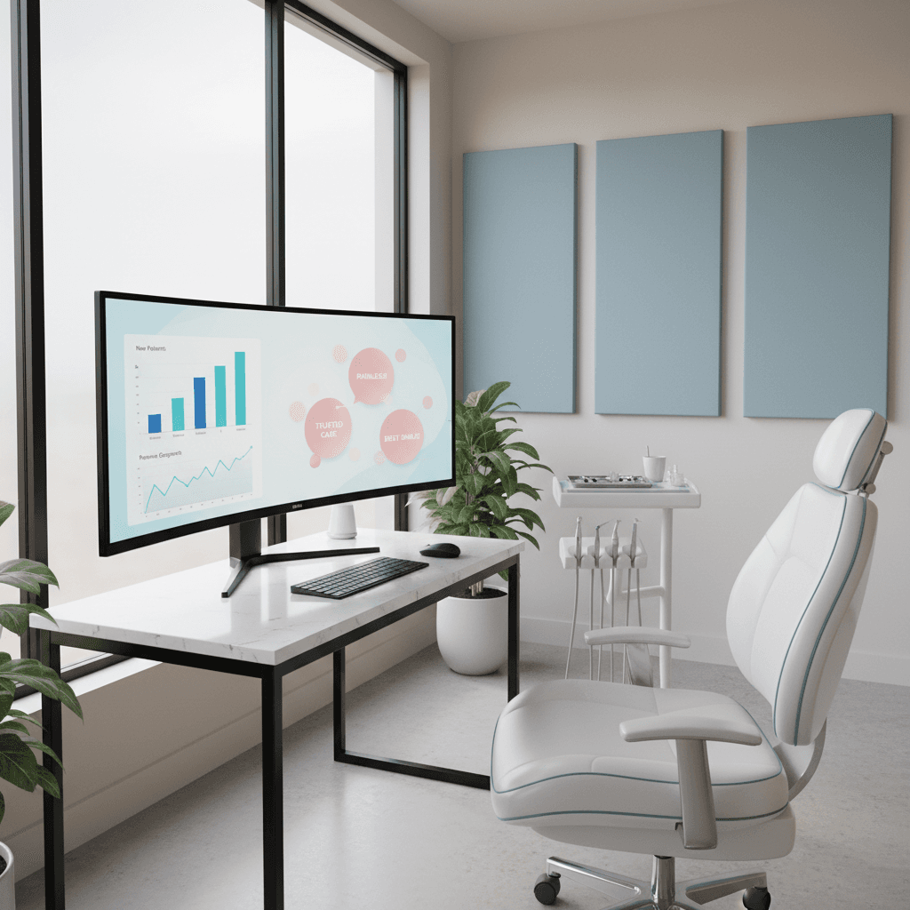 Modern dental workspace with computer displaying growth charts, dental chair, and natural lighting.