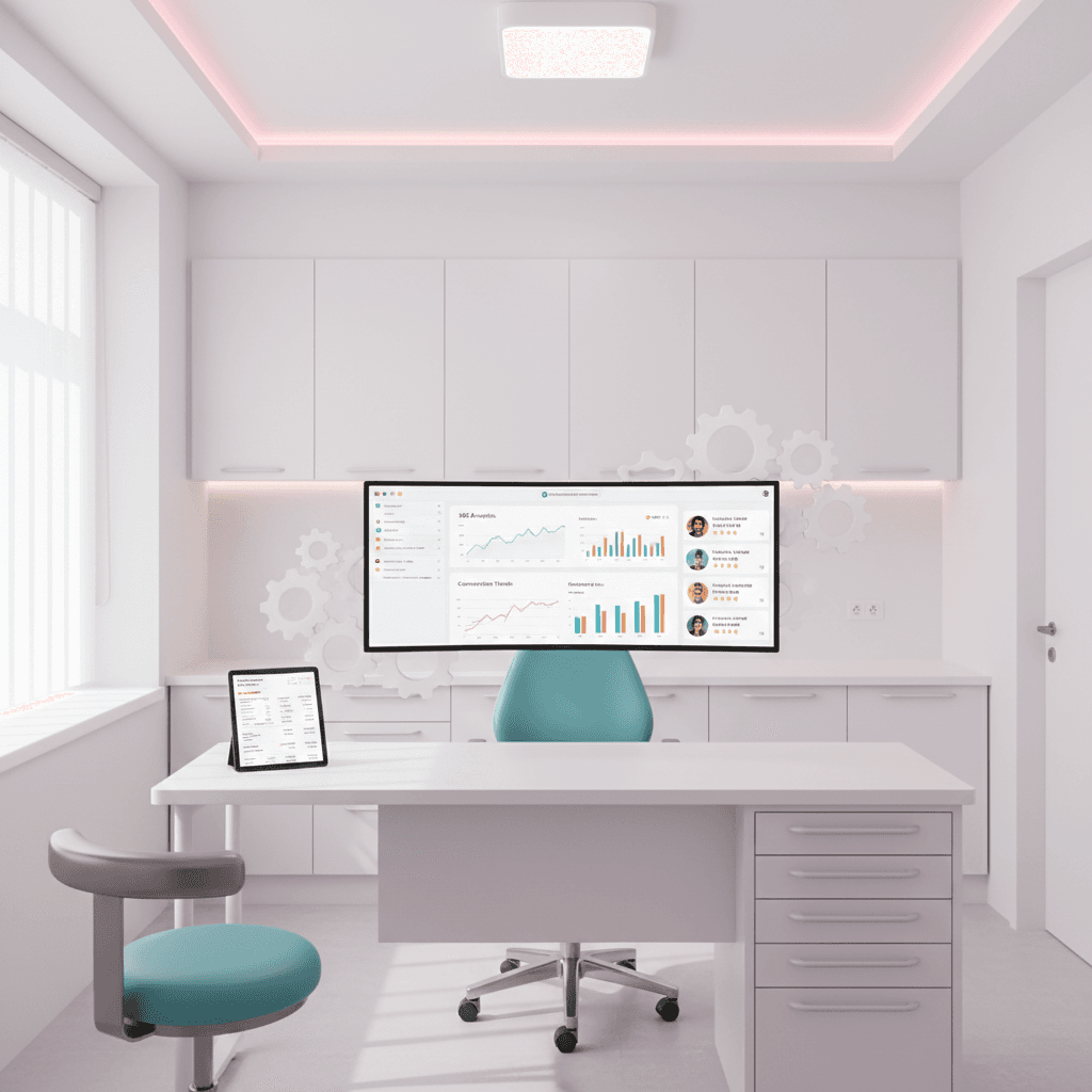 Modern dental workspace with computer displaying SEO analytics and marketing dashboard.