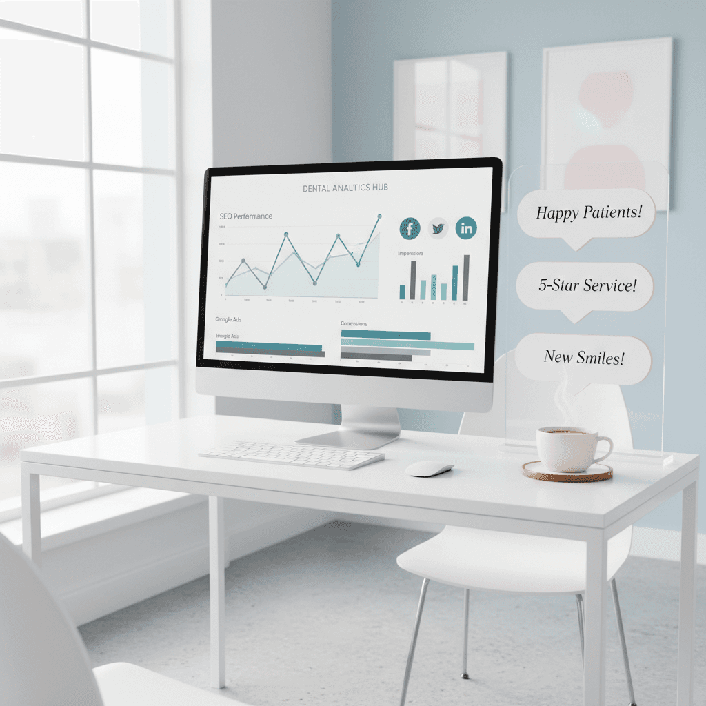 Modern dental workspace with computer displaying SEO, social media, and Google Ads metrics.