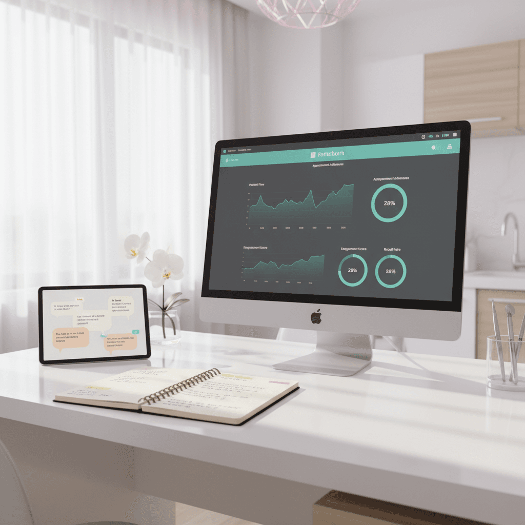 Modern dental workspace with computer, notebook, and tablet on white desk in bright office.