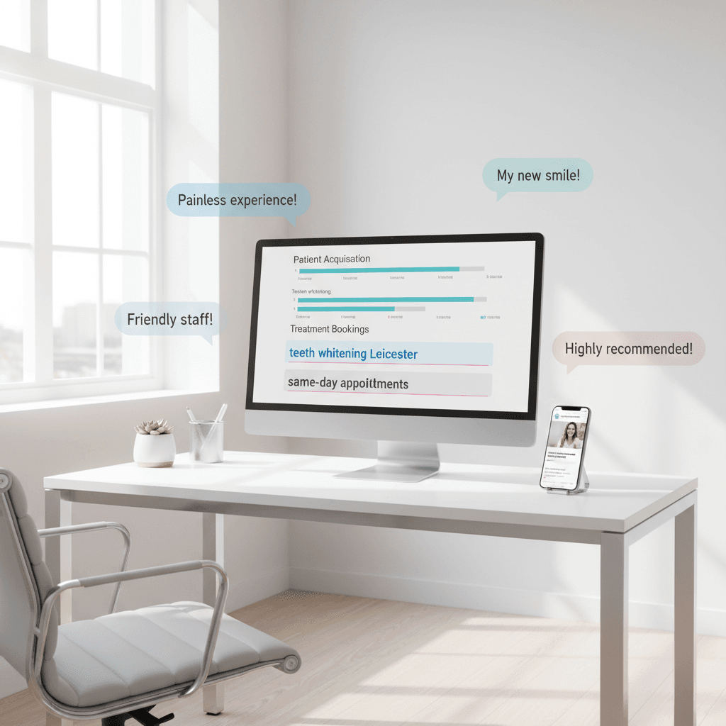 Modern dental workspace with computer, smartphone, testimonial bubbles, and clinical tones.