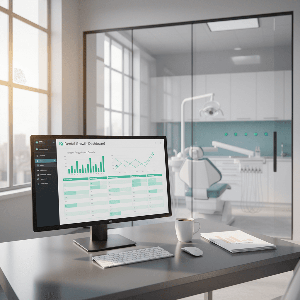 Modern dental workspace with dashboard, case studies, coffee, and treatment room in bright light.