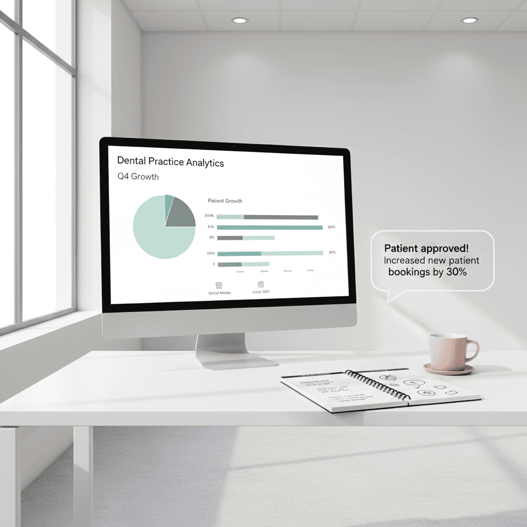 Modern dental workspace with dashboard, planner, coffee, and testimonial bubble in bright, clean setting.