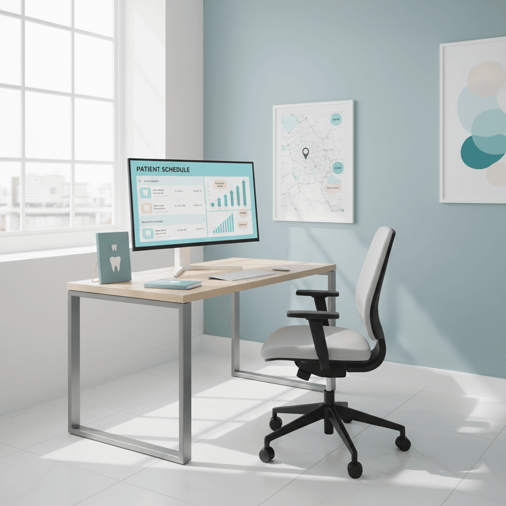 Modern dental workspace with digital dashboard, growth charts, testimonial bubbles, and London map.