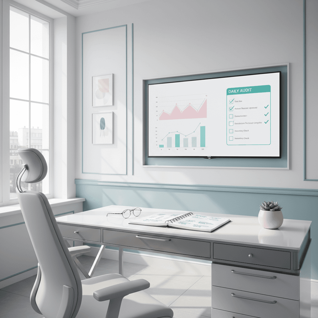 Modern dental workspace with digital dashboard, notes, glasses, and clinical tones.
