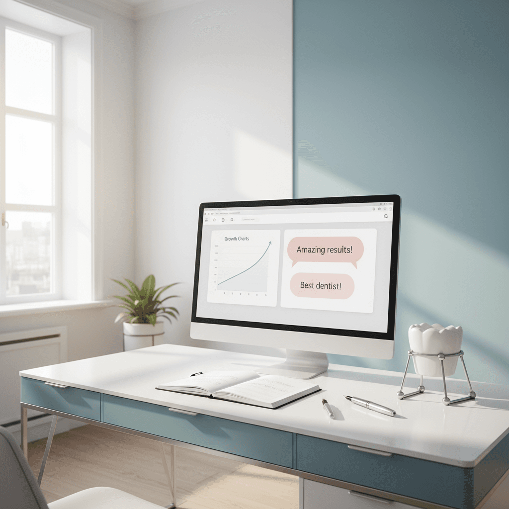 Modern dental workspace with digital dashboard, notes, and dental model in bright, clean room.