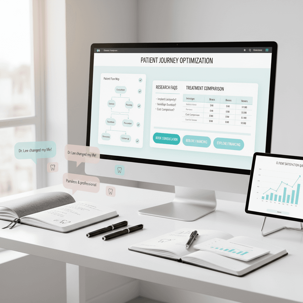 Modern dental workspace with digital patient data, notes, testimonials, and growth charts.