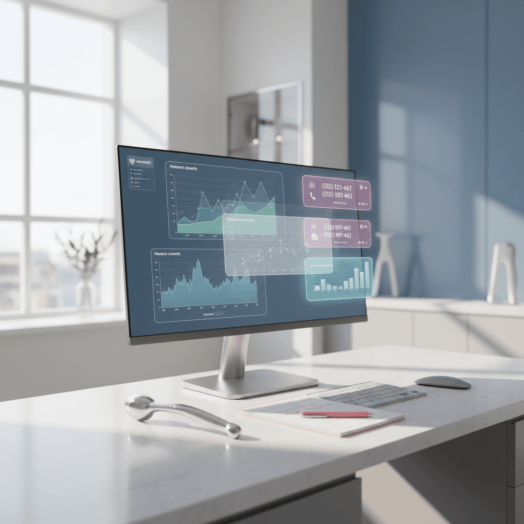 Modern dental workspace with digital screen, dental tools, notepad, and calming clinic colors.