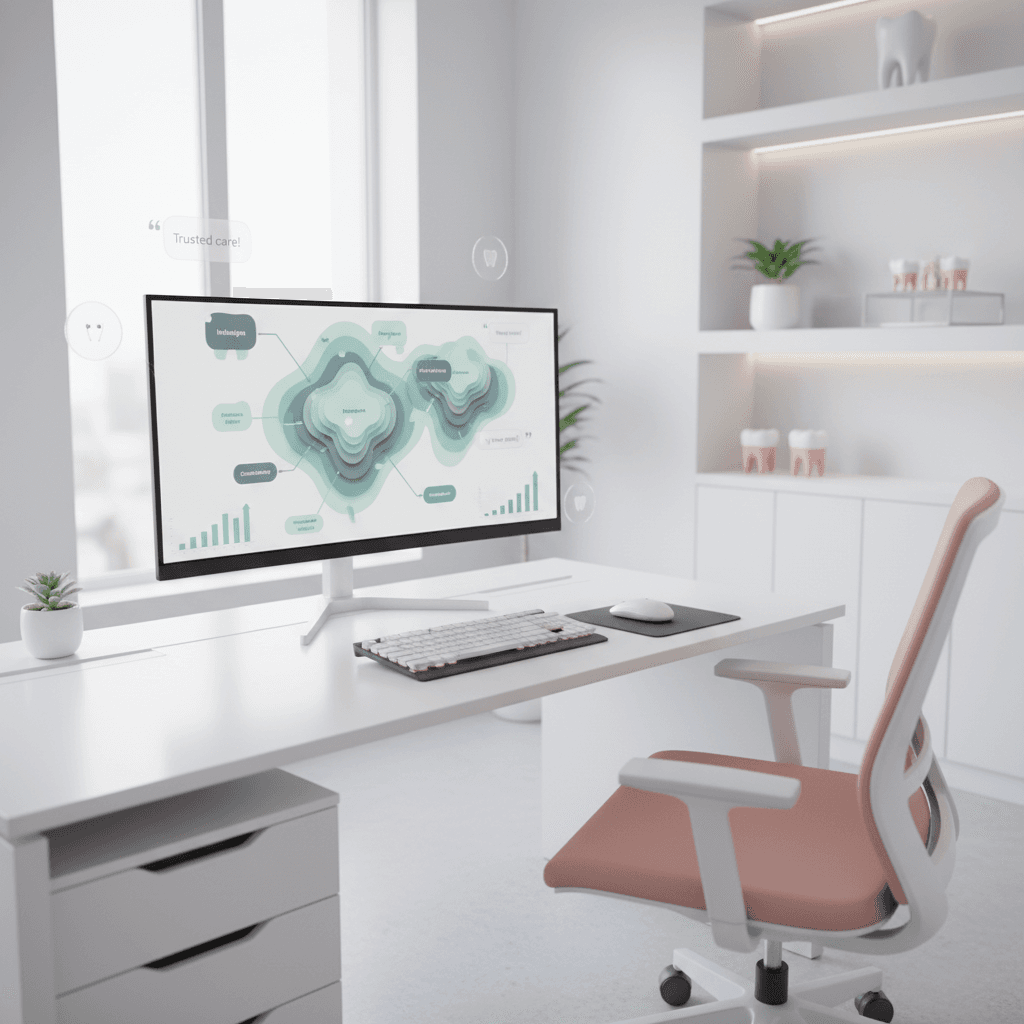 Modern dental workspace with digital screen displaying keyword maps and growth charts.
