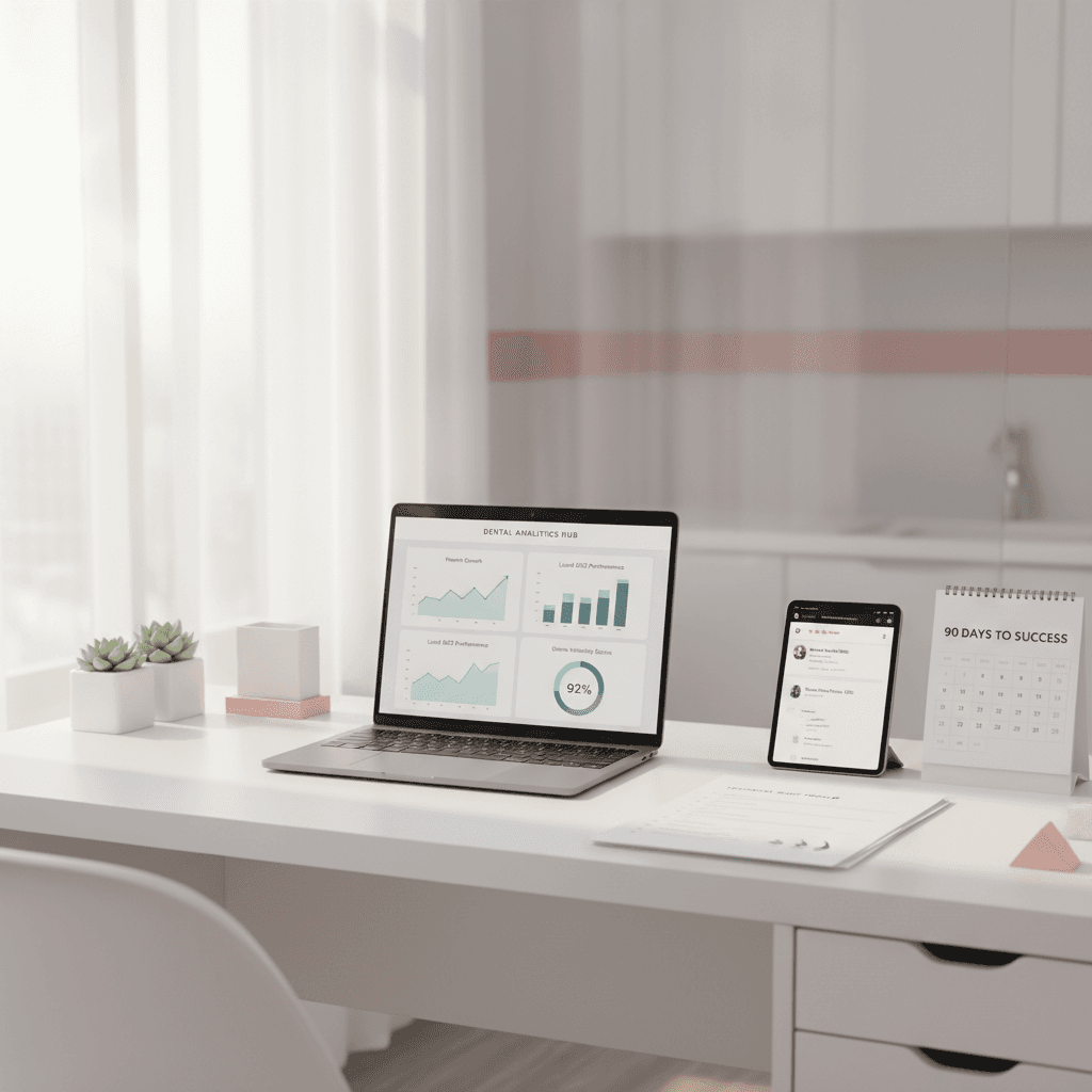 Modern dental workspace with laptop, audit printouts, tablet, and calendar in bright clinic setting.