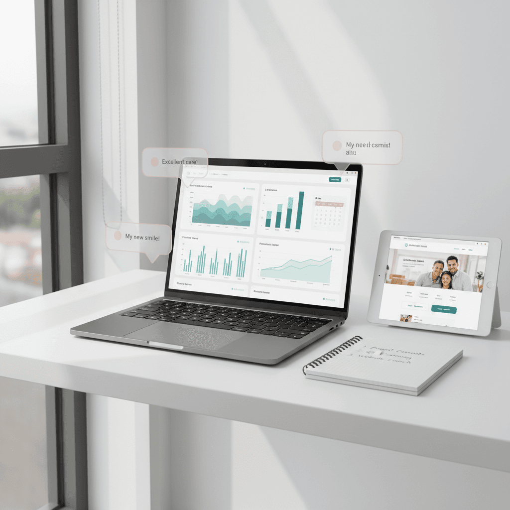 Modern dental workspace with laptop, calendar, testimonial bubbles, notepad, and tablet.