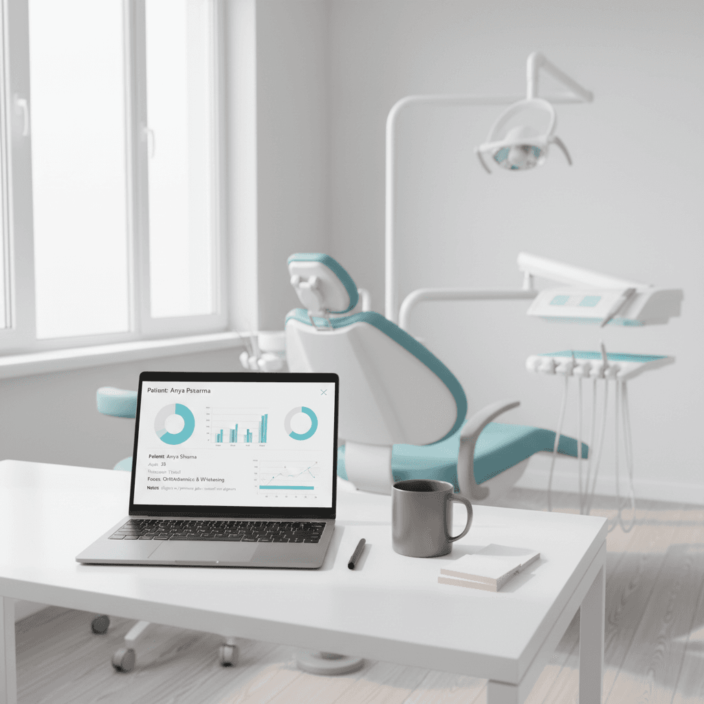 Modern dental workspace with laptop, coffee mug, pink stationery, and clean treatment room.