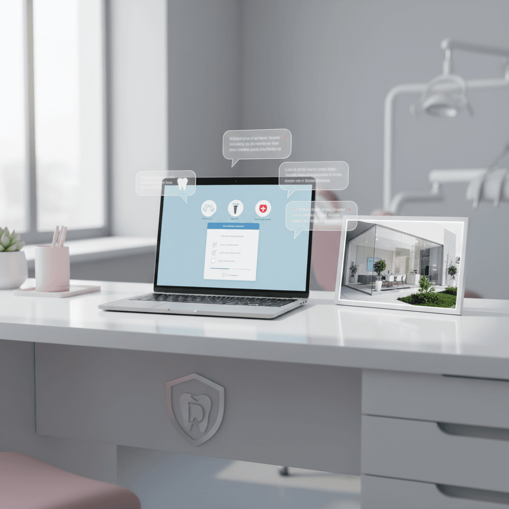 Modern dental workspace with laptop displaying digital dashboard, logo, and dental clinic exterior.