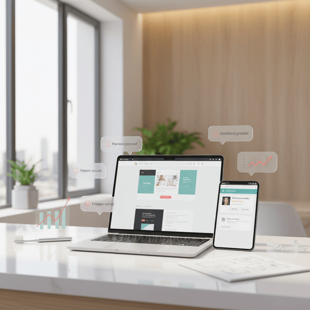 Modern dental workspace with laptop, tablet displaying website wireframes, testimonials, and growth charts.
