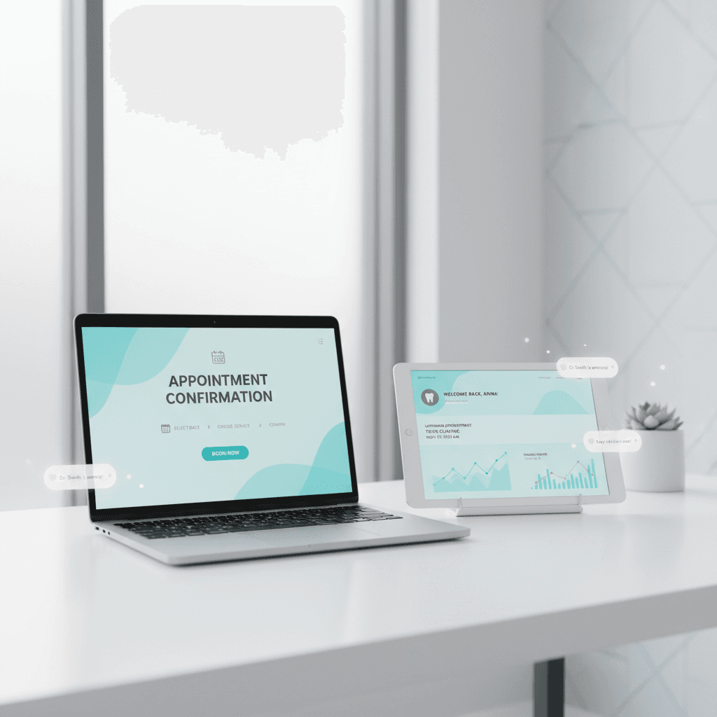Modern dental workspace with laptop, tablet, testimonial bubbles, and growth charts on white desk.