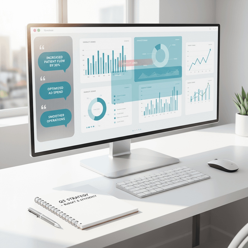 Modern dental workspace with monitor displaying campaign charts, testimonials, and growth graphs.