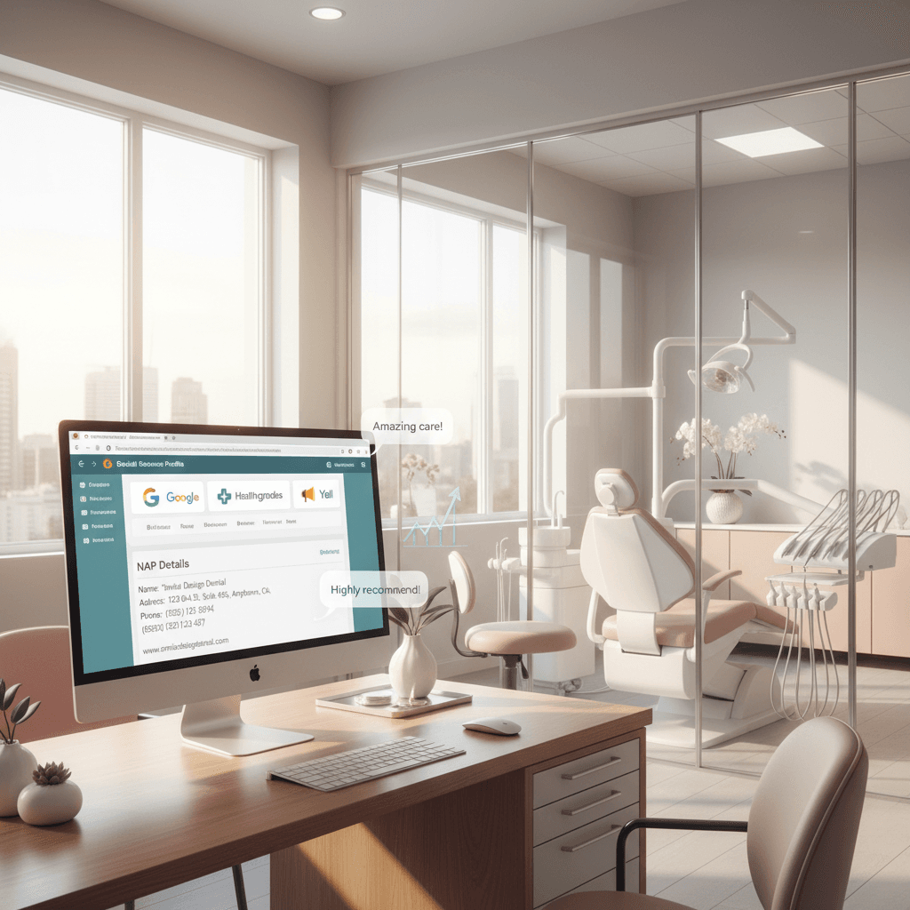 Modern dental workspace with open tabs, testimonials, and growth charts in bright, clean setting.