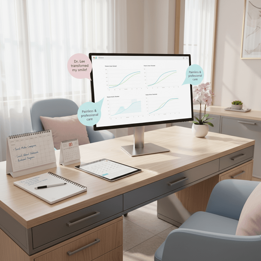 Modern orthodontic clinic workspace with computer, notes, and appointment schedule in bright, welcoming tones.