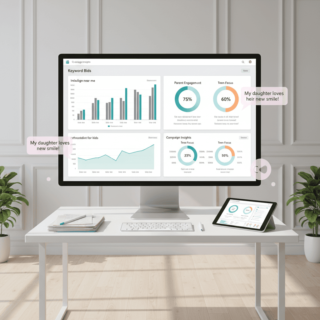 Modern orthodontic clinic workspace with monitor displaying keyword and demographic analytics.