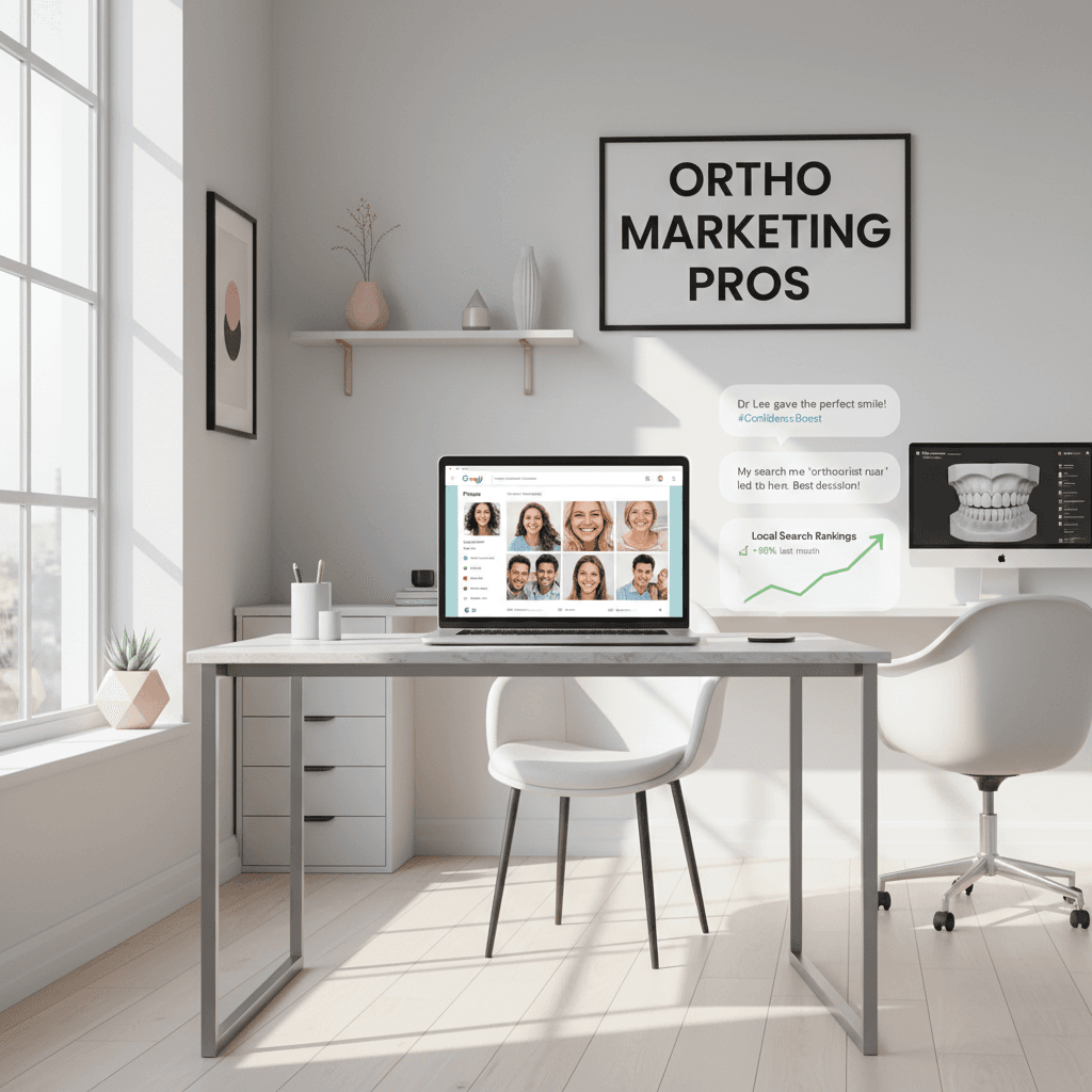 Modern orthodontic workspace with laptop displaying Google Business Profile, growth chart, and patient photos.