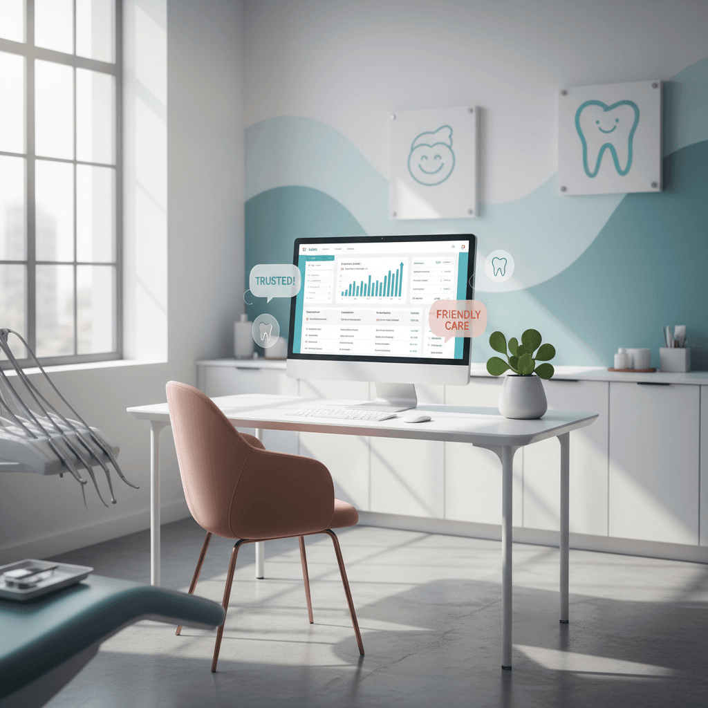 Modern pediatric dental clinic workspace with SEO dashboard on computer screen, warm accents, and decor.