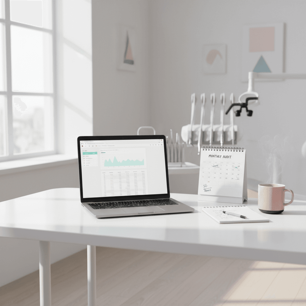Bright dental office workspace with laptop, calendar, notepad, pink mug, and blurred dental tools.