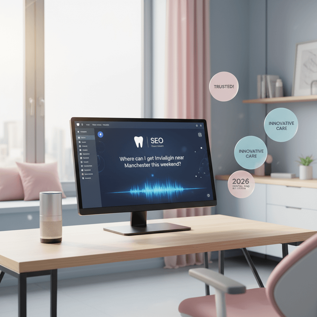 Modern dental clinic with digital dashboard, voice assistant, and patient testimonials in warm lighting.