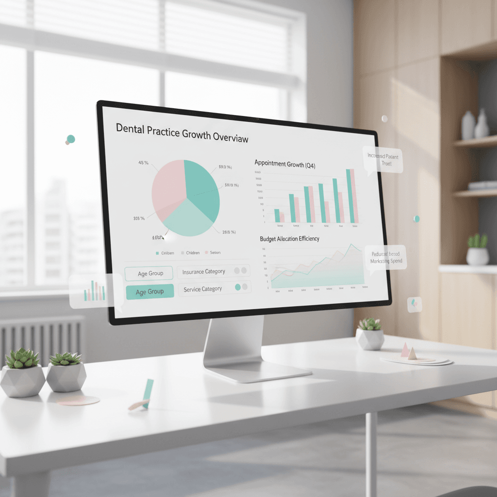 Modern dental clinic workspace with a computer displaying audience data, testimonials, and growth graphs.