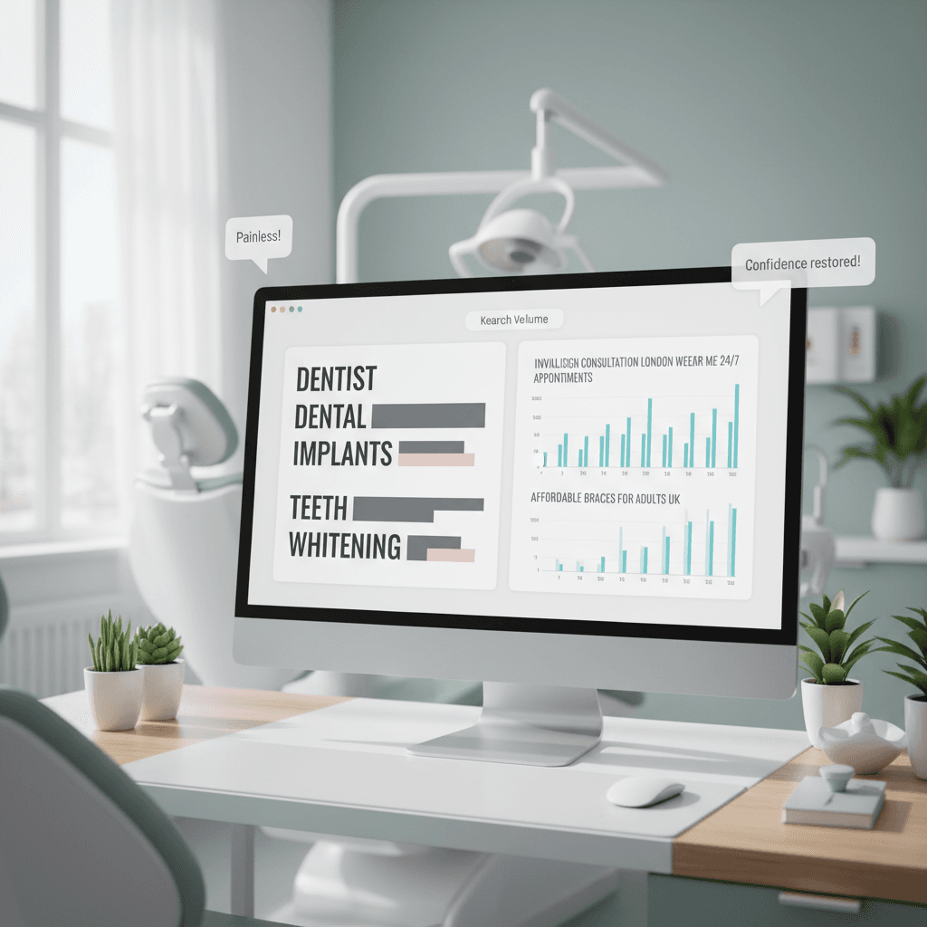Modern dental clinic workspace with a computer displaying keyword data dashboards and clinical decor.
