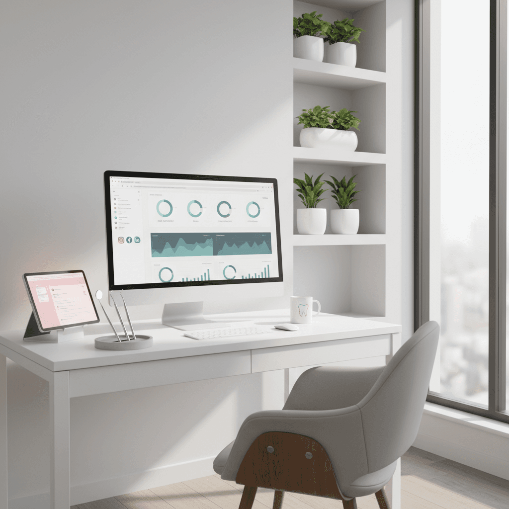 Modern dental clinic workspace with charts, email drafts, social icons, and dental tools.