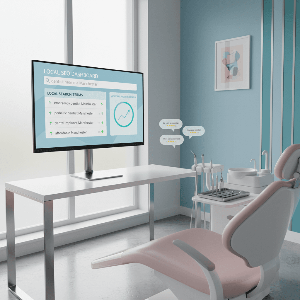 Modern dental clinic workspace with computer displaying local SEO data and dental tools.