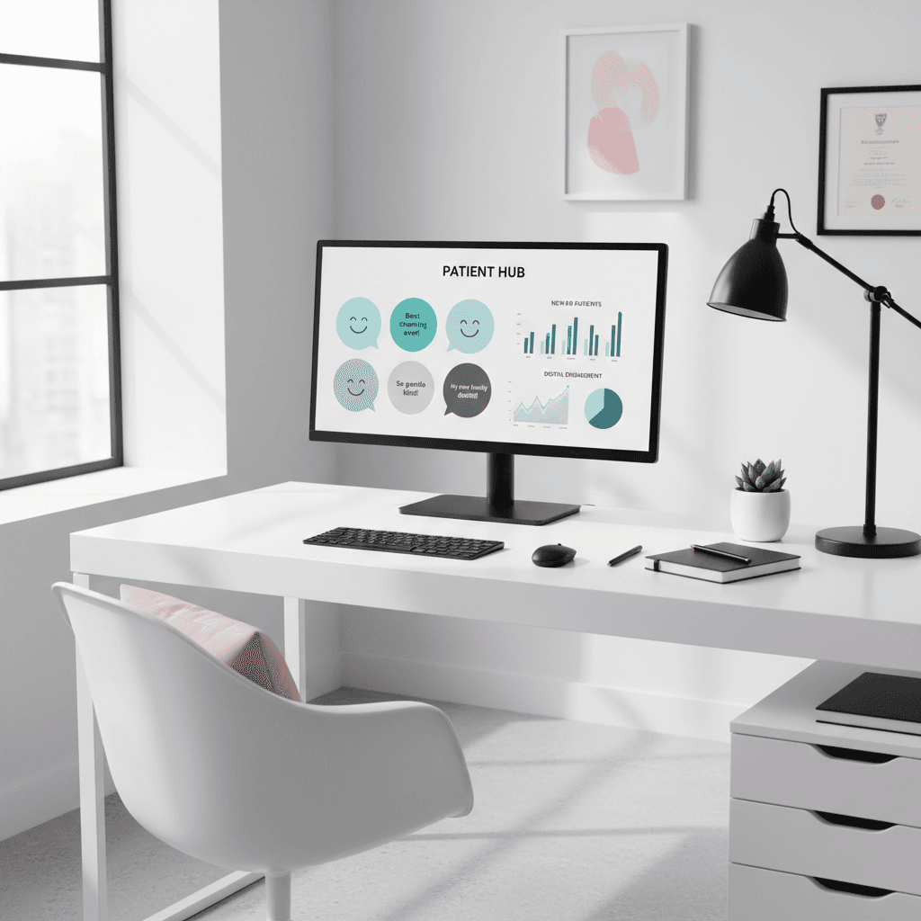 Modern dental clinic workspace with computer displaying dashboards, testimonial bubbles, and growth charts.