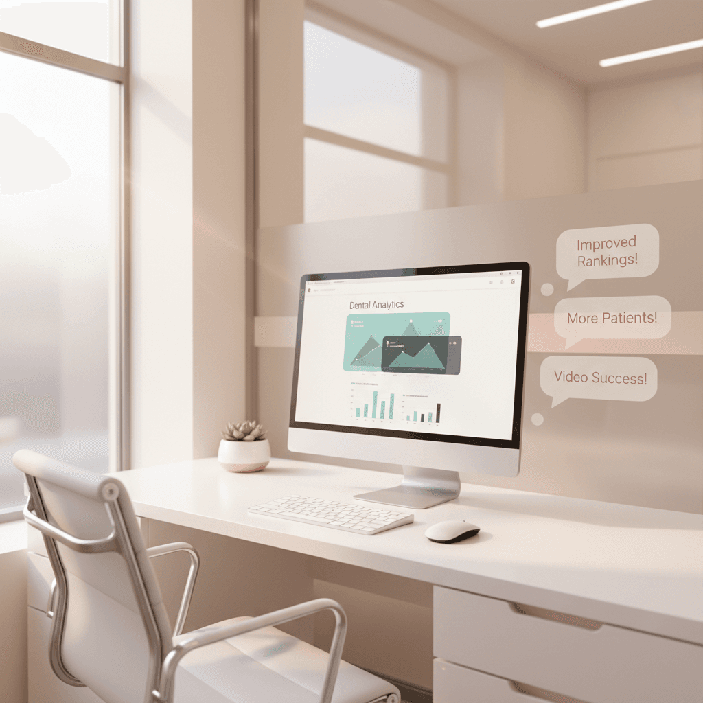 Modern dental clinic workspace with computer displaying growth charts and testimonial bubbles.