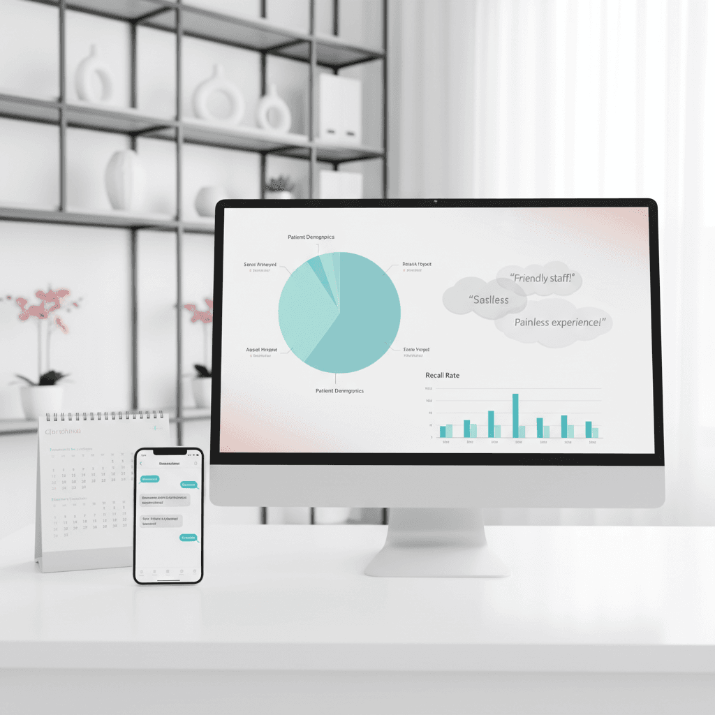 Modern dental clinic workspace with computer, smartphone, calendar, and patient engagement elements.